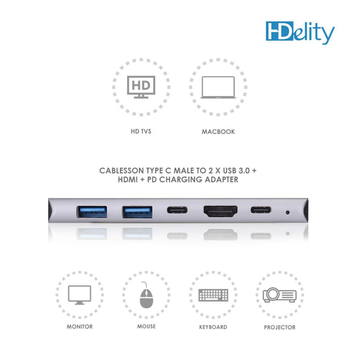 Cablesson USB HUB Type C Male to 2 x USB 3.0 + HDMI + PD Charging Adapter