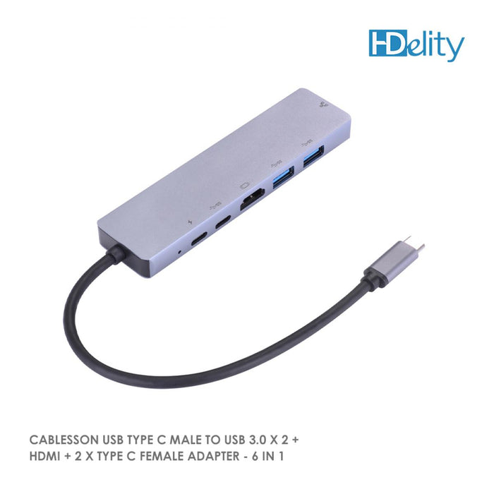Cablesson USB Type C Male to USB 3.0 x 2 + HDMI + 2 x Type C Female Adapter - 6 in 1