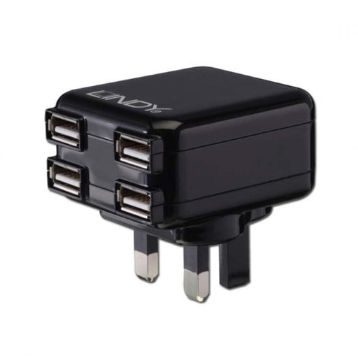 LINDY 4 Port USB UK Mains Charger. Black