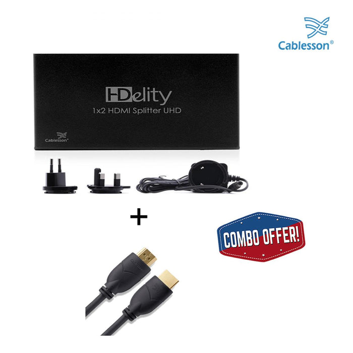 Cablesson 1x2 HDMI 2.0 Splitter WITH EDID (18G) with Basic 1m High Speed HDMI Cable with Ethernet - Black