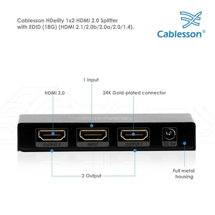 Cablesson 1x2 HDMI 2.0 Splitter WITH EDID (18G) with Basic 1m High Speed HDMI Cable with Ethernet - Black
