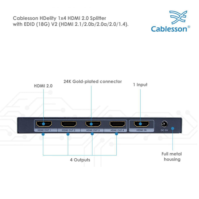 Cablesson 1X4 HDMI 2.0 Splitter WITH EDID (18G) v2 with Ivuna Advanced High Speed 0.5m HDMI Cable with Ethernet