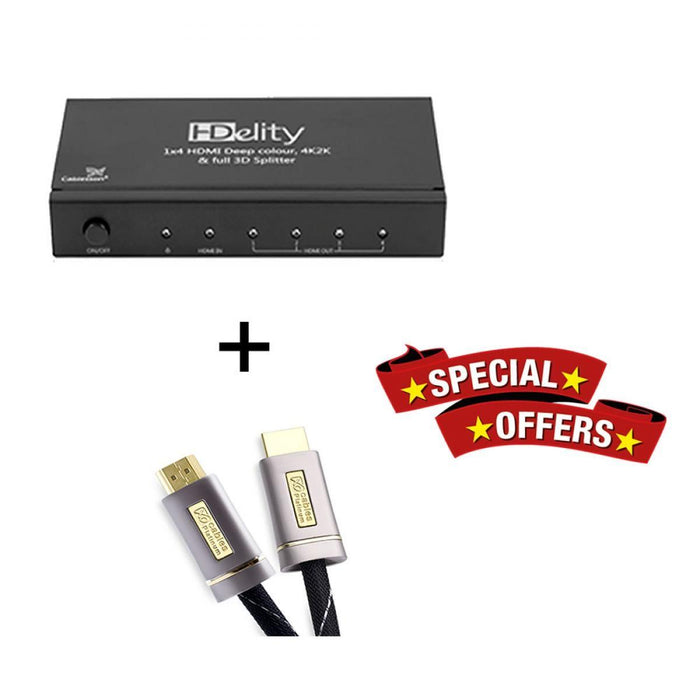 Cablesson HDelity 1x4 HDMI splitter with 4K2K with XO Platinum 1m High Speed HDMI Cable with Ethernet - Silver