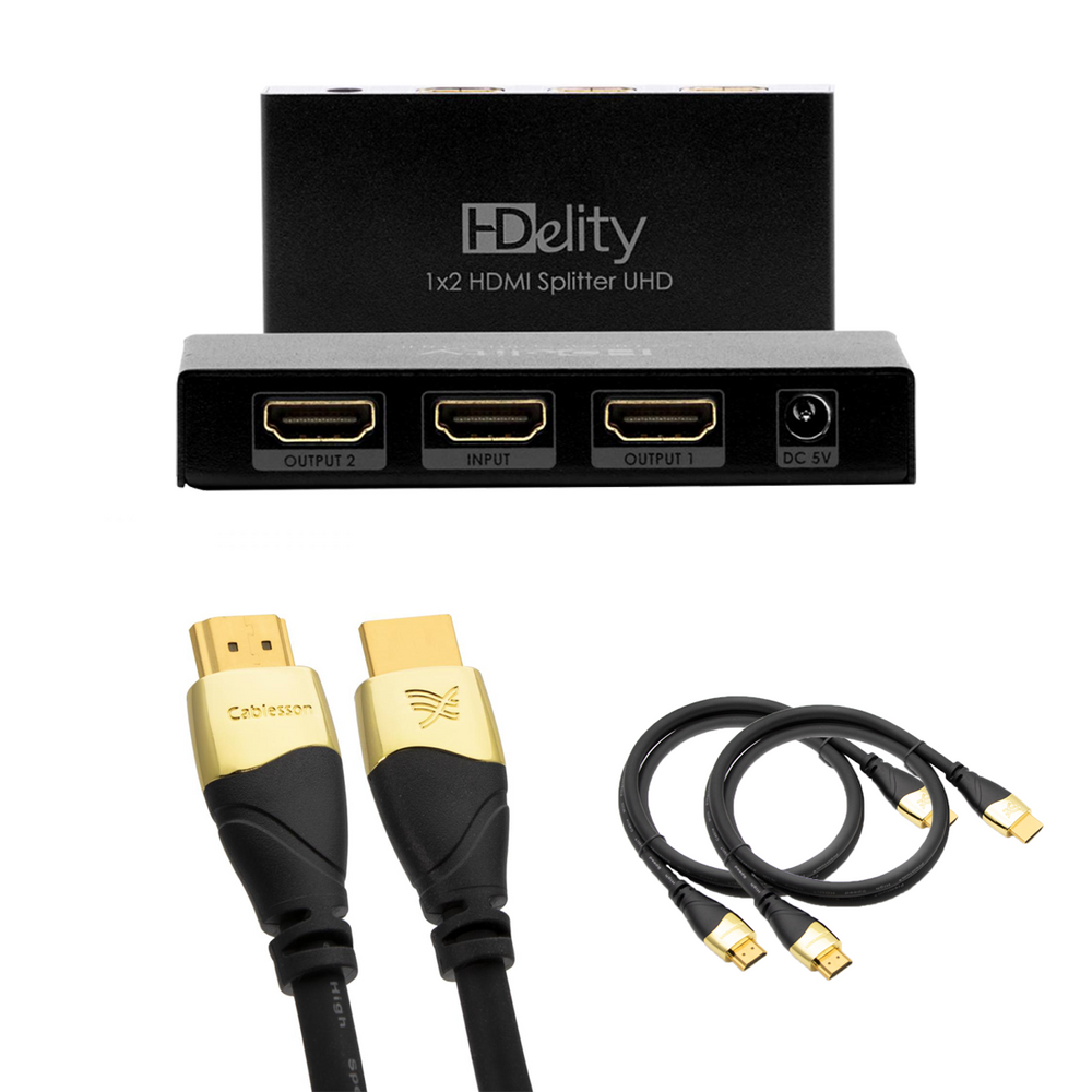 Cablesson 1x2 HDMI 2.0 Splitter WITH EDID (18G) and 2 Pack Ivuna Advanced Premium Certified HDMI Cable 2.0 - 3m and 1 Pack Ivuna Advanced Premium Certified HDMI Cable 2.0 - 1m
